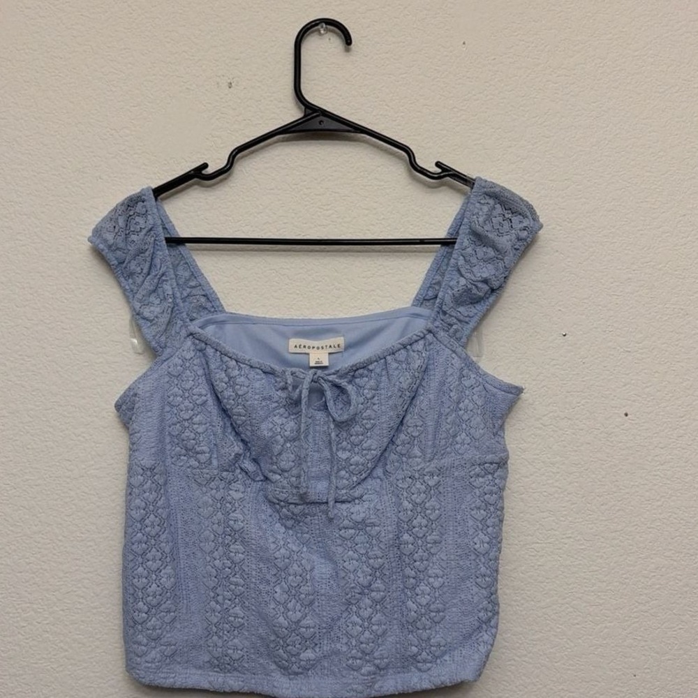 Aeropostale‎ Womens Light Blue Lace Tie Front Crop Top Ruffle Strap 145354 L
